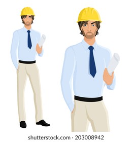 Handsome man engineer in helmet with plan paper isolated on white background vector illustration