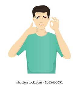 Handsome man expression character and emoticon face with gesture, avatar vector illustration