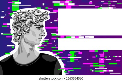 Handsome man face, curly hair, retro sculpture, vintage statue. Abstract glitch style, place for message, wallpaper background. Vector illustration.