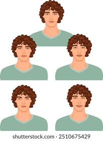 Expressão cara homem bonito, conjunto de ilustrações isoladas no fundo branco. Um rosto de emoji menino, expressões humanas, conjunto de avatares masculinos com várias emoções