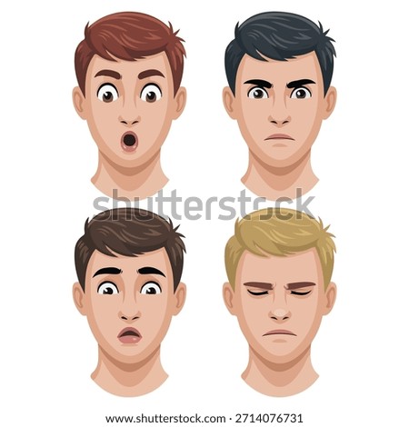 Handsome man face expressions different male emotions set young guy cartoon character