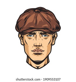 Handsome Man Face In Irish Cap In Vintage Style Isolated Vector Illustration