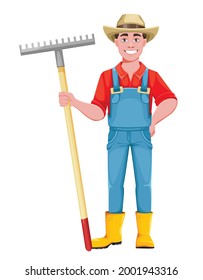 Handsome man farmer. Cheerful male farmer cartoon character with rake