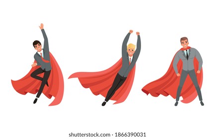 Handsome Man in Formal Suit and Red Cape or Cloak in Different Poses Vector Illustration Set