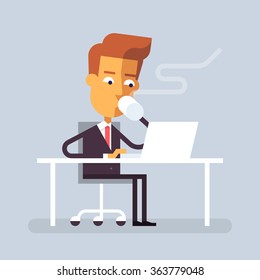 Handsome man in formal suit is sitting at the desk with a laptop and drinking hot beverage. Cartoon character - businessman. Stock vector illustration in flat design. 
