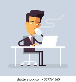 Handsome man in formal suit is sitting at the desk with a laptop and drinking hot beverage. Cartoon character - businessman. Stock vector illustration in flat design. 
