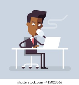 Handsome man in formal suit is sitting legs crossed at the desk with a laptop and drinking hot beverage. Cartoon character - businessman. Stock vector illustration in flat design. 
