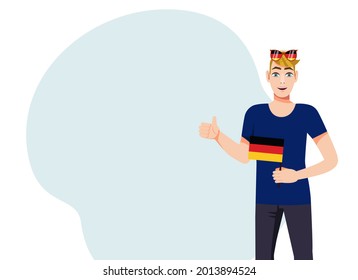 A handsome man with German flag and a thumbs up. Background for the text. Vector illustration