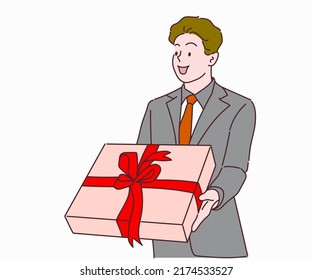 Handsome man is getting big gift box. Hand drawn in thin line style, vector illustrations.