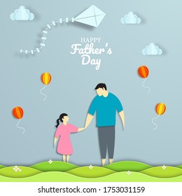 Handsome man with girls, color balloons and kites. Happy father's day card. Paper cut style. Vector illustration.