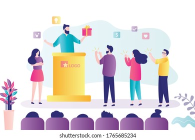 Un hombre guapo da un discurso frente a clientes potenciales. Concepto de presentación del producto y público objetivo. Un grupo de varias personas escucha a un hablante masculino. Cartel comercial. Ilustración del vector
