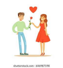 Handsome man giving rose to his beautiful girlfriend in red dress colorful character vector Illustration