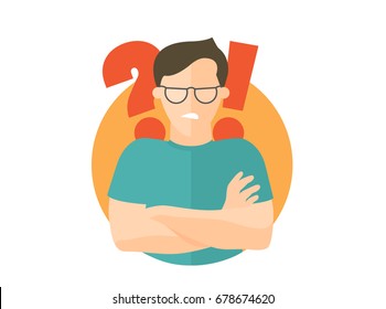 Handsome man in glasses angry doubts, offended. Flat design icon. Boy with a question and exclamation marks. Simply editable isolated on white vector sign