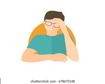 Handsome man in glasses depressed, sad, weak. Flat design icon. Boy with feeble depression emotion. Simply editable isolated on white vector sign