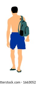 Handsome man go to the beach vector. Boy with backpack walking and sunbathing, back view. Sunny day recreation. Man in shorts and thongs slippers go to swim. Lifeguard on beach and pool, watching.