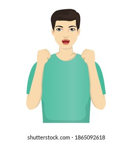 Handsome man happy expression character and emoticon face with gesture, avatar vector illustration