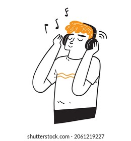 Handsome man in headphones listening to music outdoors, Hand drawing vector illustration 
