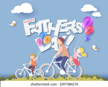 Handsome man and his children bicycling with air balloons. Happy fathers day card. Paper cut style. Vector illustration