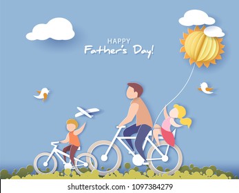 Handsome man and his children bicycling with air balloon. Happy fathers day card. Paper cut style. Vector illustration