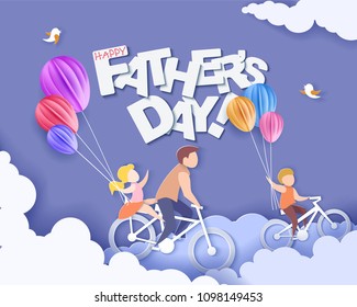 Handsome man and his children bicycling with air balloons. Happy fathers day card. Paper cut style. Vector illustration