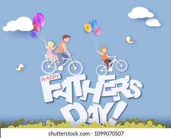 Handsome man and his children bicycling with air balloons. Happy fathers day card. Paper cut style. Vector illustration