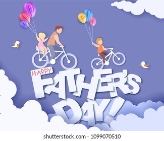 Handsome man and his children bicycling with air balloons. Happy fathers day card. Paper cut style. Vector illustration