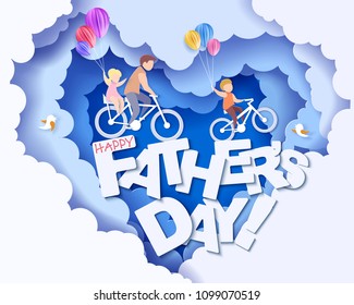 Handsome man and his children bicycling with air balloons. Happy fathers day card. Paper cut style. Vector illustration