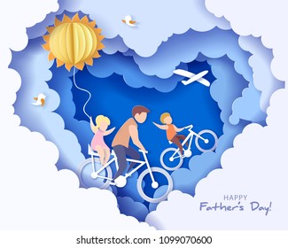 Handsome man and his children bicycling with air balloons. Happy fathers day card. Paper cut style. Vector illustration