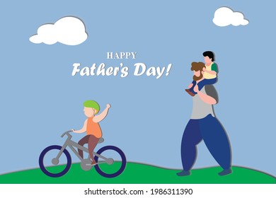 Handsome man and his children bicycling. Happy fathers day card. Paper cut style. Vector illustration