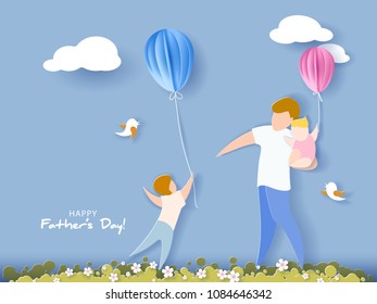 Handsome man with his children and color balloons. Happy fathers day card. Paper cut style. Vector illustration