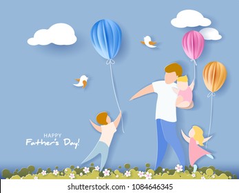 Handsome man with his children and color balloons. Happy fathers day card. Paper cut style. Vector illustration