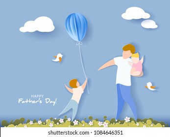 Handsome man with his children and color balloons. Happy fathers day card. Paper cut style. Vector illustration