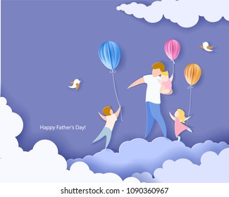 Handsome man with his children and color balloons. Happy fathers day card. Paper cut style. Vector illustration