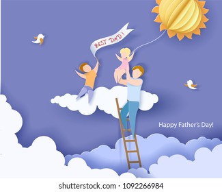 Handsome man with his children and color balloon on cloud. Happy fathers day card. Paper cut style. Vector illustration