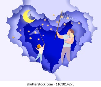 Handsome man and his children dreaming at the night. Happy fathers day card. Paper cut style. Vector illustration