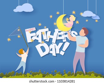 Handsome man and his children dreaming at the night. Happy fathers day card. Paper cut style. Vector illustration