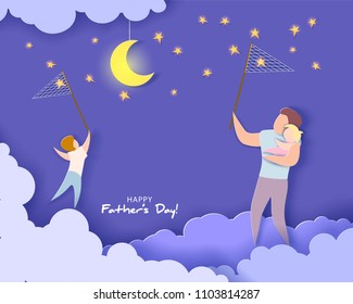 Handsome man and his children dreaming at the night. Happy fathers day card. Paper cut style. Vector illustration