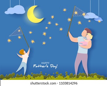 Handsome man and his children dreaming at the night. Happy fathers day card. Paper cut style. Vector illustration