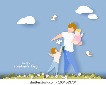 Handsome man with his children. Happy fathers day card. Paper cut style. Vector illustration