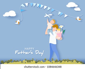 Handsome man with his children. Happy fathers day card. Paper cut style. Vector illustration