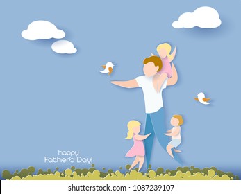 Handsome man with his children. Happy fathers day card. Paper cut style. Vector illustration