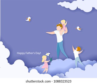 Un hombre guapo con sus hijos. Feliz día de los padres. Estilo de corte de papel. Ilustración del vector