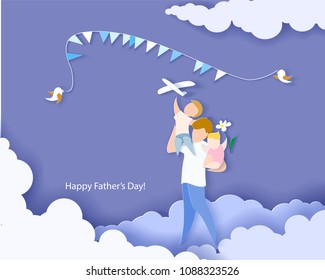 Handsome man with his children. Happy fathers day card. Paper cut style. Vector illustration