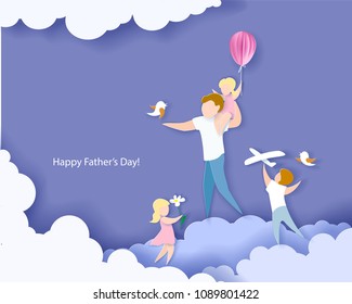 Handsome man with his children. Happy fathers day card. Paper cut style. Vector illustration