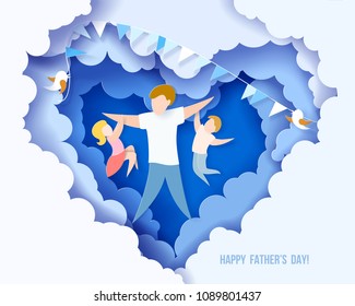 Handsome man with his children. Happy fathers day card. Paper cut style. Vector illustration