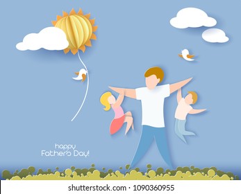 Handsome man with his children. Happy fathers day card. Paper cut style. Vector illustration