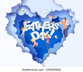 Handsome man with his children. Happy fathers day card. Paper cut style. Vector illustration