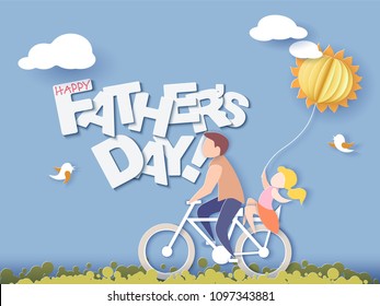 Handsome man and his daughter bicycling with air balloon sun shaped. Happy fathers day card. Paper cut style. Vector illustration