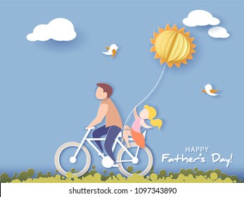 Handsome man and his daughter bicycling with air balloon sun shaped. Happy fathers day card. Paper cut style. Vector illustration