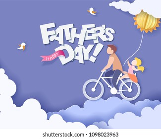 Handsome man and his daughter bicycling with air balloon sun shaped. Happy fathers day card. Paper cut style. Vector illustration